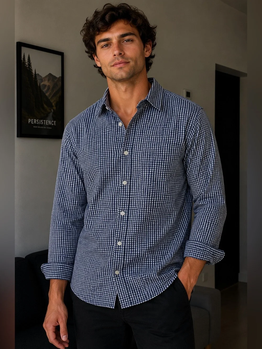 J. Crew Men's Navy and White Checked Button-Down Shirt